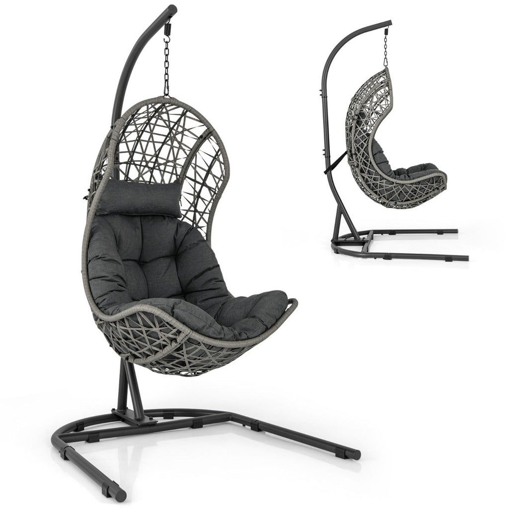 Chaise Oeuf en Rotin PE avec Support avec Oreiller et Coussin Chaise Suspendue avec Accessoires de Suspension Capacité 160 Kg Gris -