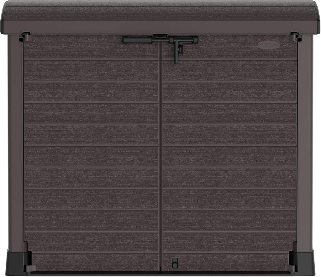 Duramax StoreAway 1200L Plastic Garden Shed/ Flat Lid,Outdoor Storage Shed,Wheelie Bin Hideaways,Wheelie bin box,Durable Construction,Ideal for Bikes,BBQs & 2x 240L Bins,145x85x125 cm,Brown