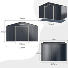 Load image into Gallery viewer, Abri de Jardin en Métal &amp; Extension 10.85avec 2 Portes Coulissantes Verrouillables 4 Trous d’Aération Gris pour Vélo -
