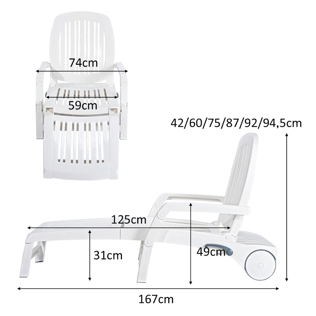 Chaise Longue Inclinable Rglable  5 Positions avec Roues Flexibles Fauteuil Relax de Camping avec Bo卯te de Rangement Charge 150KG Blanc -