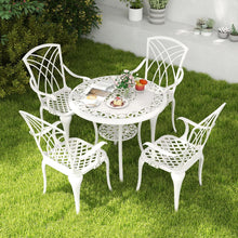 Load image into Gallery viewer, 5 Pcs Salon de Jardin en Fonte d'Aluminium Trou pour Parasol Repose-pieds Réglables Ensemble de Table Ronde et 4 Chaises Blanc -