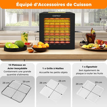 Load image into Gallery viewer, Déshydrateur Alimentaire Séchoir à 10 Plateaux en Acier Inoxydable avec 10 Programmes Préréglés Minuterie de 48H&amp;Température de 30-75Noir -