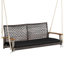 Load image into Gallery viewer, Banc Suspendu de Jardin en Rotin 2 Place Accoudoirs en Bois d'Acacia Cadre en Métal Coussin Cordes Crochets Blanc/Noir -