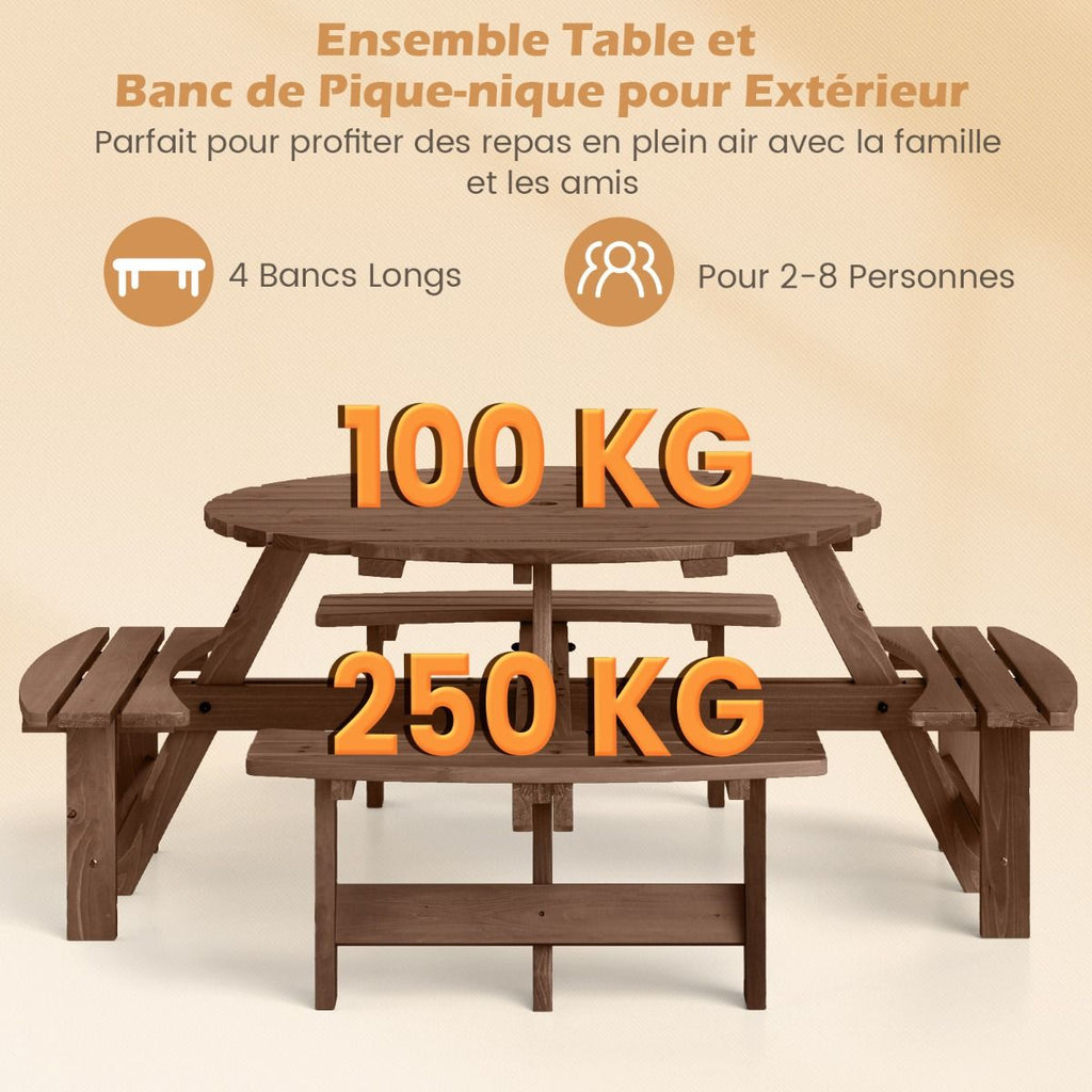 Ensemble Table de Pique-Nique en Bois pour 2  8 Personnes Set Table et Banc Circulaire avec 4 Bancs Intgrs Trou de Parasol de 5cm Marron/Jaune -