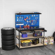 Load image into Gallery viewer, tabli de Bricolage 121 x 61 cm Table de Travail en Mtal de 230 kg avec 3 Panneaux Perfors 24 Accessoires de Suspension Noir/Bleu Marine -