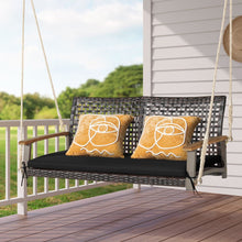 Load image into Gallery viewer, Banc Suspendu de Jardin en Rotin 2 Place Accoudoirs en Bois d'Acacia Cadre en Métal Coussin Cordes Crochets Blanc/Noir -