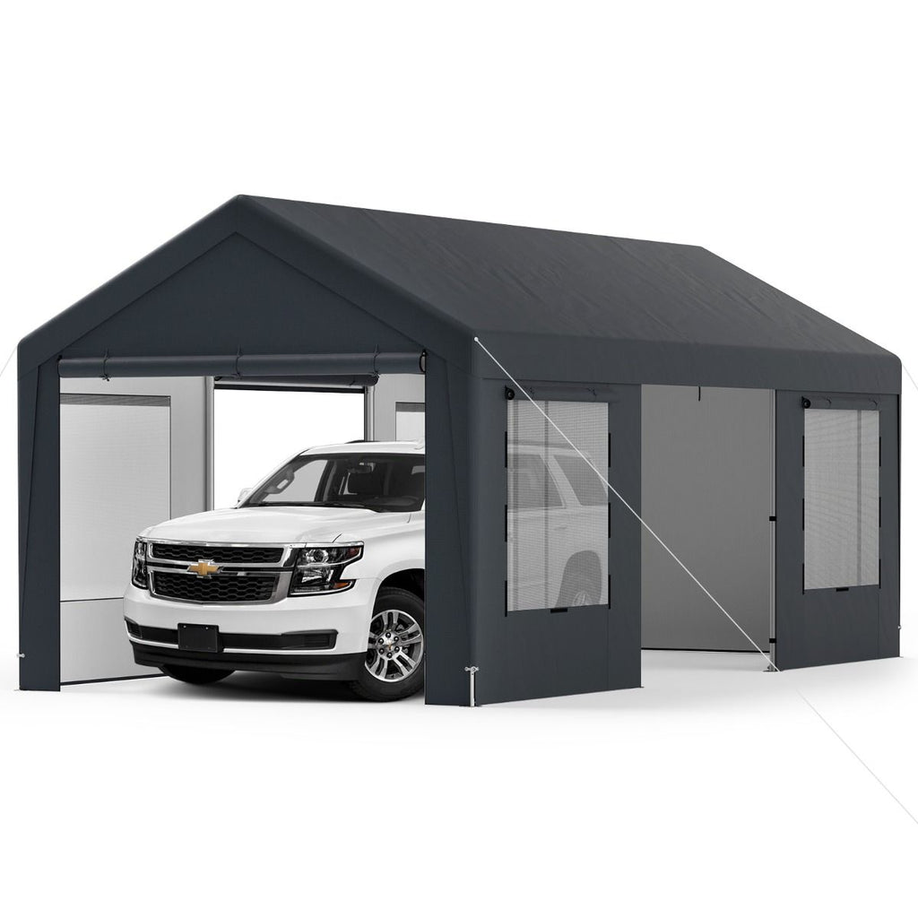 Abri de Voiture 595 x 300 cm Extérieur Tente de Garage avec 8 Parois Latérales Amovibles Portes Enroulables Fenêtres Ventilées Gris -