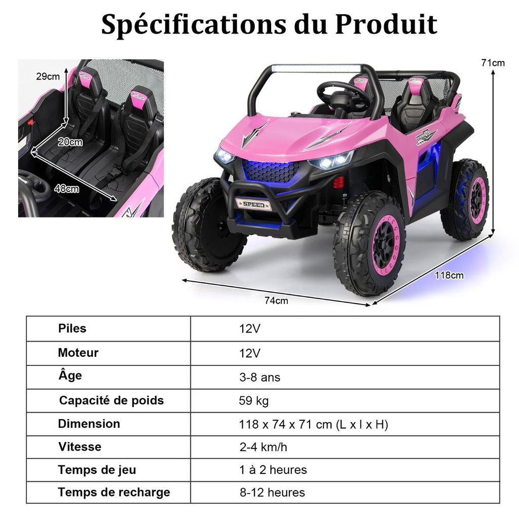 Voiture électrique Enfant 12 V Télécommande pour 3-8 Ans 2 Vitesses Ressort de Suspension Charge 59KG 118x74x71CM Noir/Rose/Rouge -