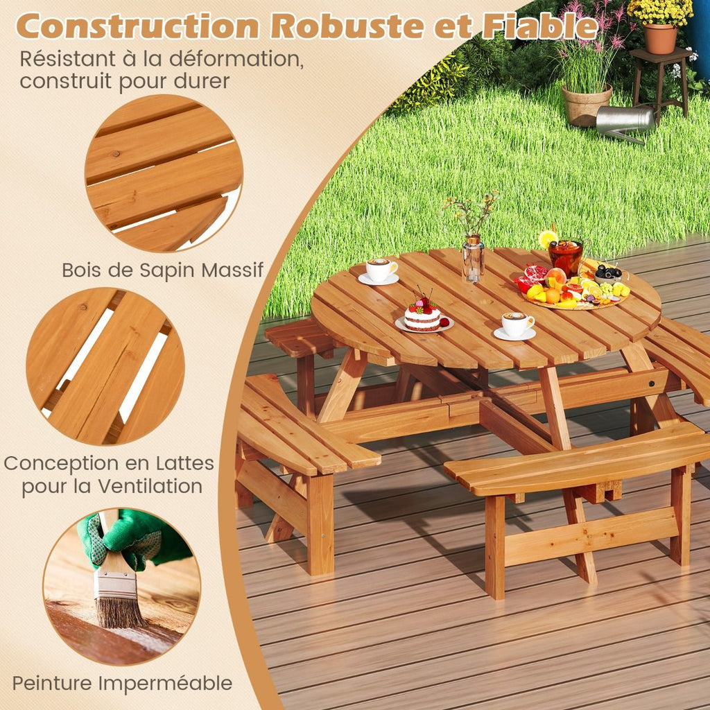 Ensemble Table de Pique-Nique en Bois pour 2  8 Personnes Set Table et Banc Circulaire avec 4 Bancs Intgrs Trou de Parasol de 5cm Marron/Jaune -