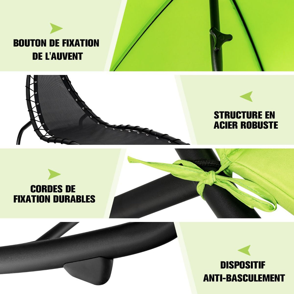 Bain de Soleil à Bascule Transat Suspendu avec Pare-Soleil & Coussin Hamac Charge 150KG 184 cm x 147 cm x 187 cm Vert -