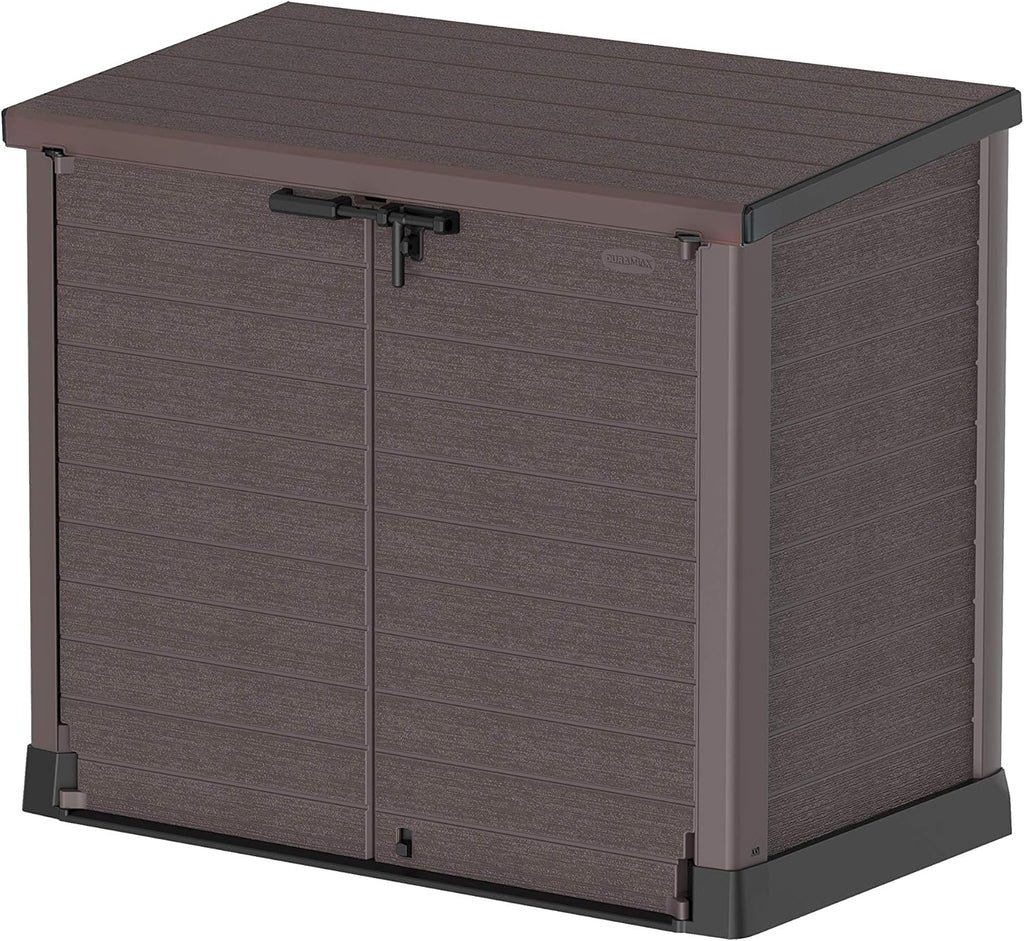 Duramax StoreAway 1200L Plastic Garden Shed/ Flat Lid,Outdoor Storage Shed,Wheelie Bin Hideaways,Wheelie bin box,Durable Construction,Ideal for Bikes,BBQs & 2x 240L Bins,145x85x125 cm,Brown