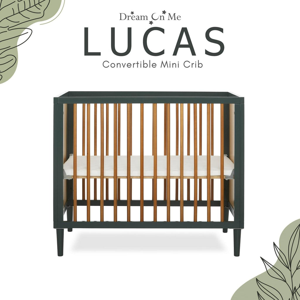 Dream on Me Lucas Mini Modern Crib with Rounded Spindles I Convertible Crib I Mid - Century Meets Modern I Portable Crib