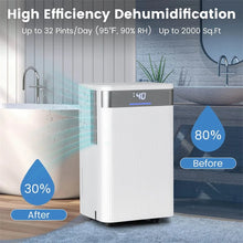 Load image into Gallery viewer, 32 Pints 2000 Sq.ft Basement Dehumidifier with Drain Hose, 24H Timer &amp; 3-Color Indicator, Quiet Portable Dehumidifier for Home, Bedroom, Bathroom